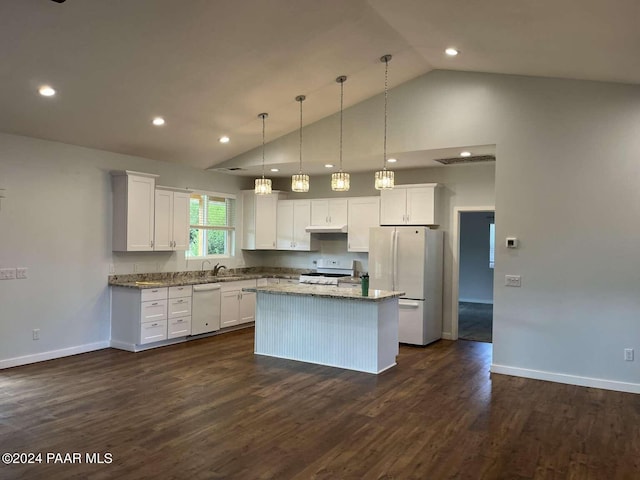 kitchen featuring a center island, dark hardwood / wood-style floors, decorative light fixtures, white appliances, and white cabinets