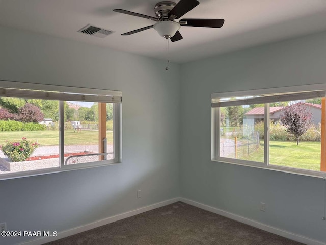 carpeted spare room with plenty of natural light and ceiling fan