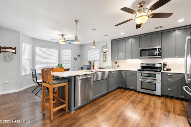 kitchen featuring kitchen peninsula, gray cabinets, appliances with stainless steel finishes, a healthy amount of sunlight, and sink