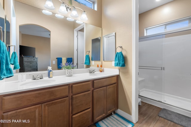 bathroom featuring hardwood / wood-style flooring, vanity, a shower with door, and a wealth of natural light