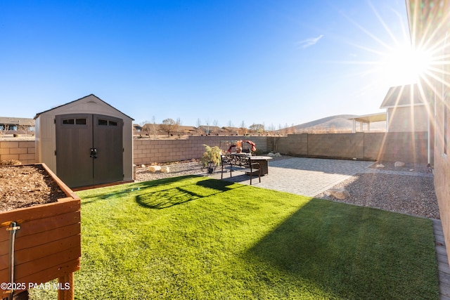 view of yard featuring a shed and a patio area