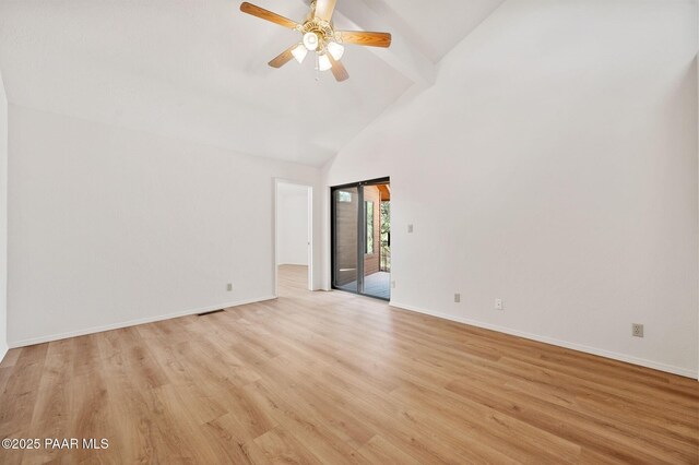 1893 Forest Vw, Prescott, AZ 86305 - empty room with light wood-style floors, high vaulted ceiling, ceiling fan, baseboards, and beam ceiling