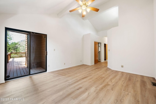 1893 Forest Vw, Prescott, AZ 86305 - unfurnished room featuring light wood-style flooring, ceiling fan, baseboards, beam ceiling, and high vaulted ceiling