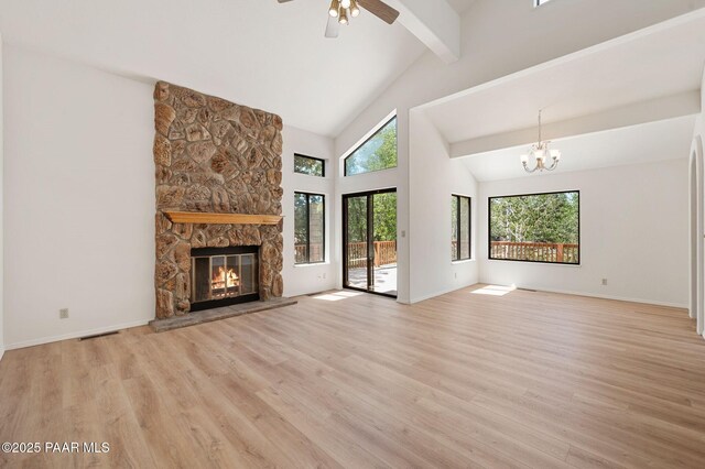 1893 Forest Vw, Prescott, AZ 86305 - unfurnished living room featuring beamed ceiling, healthy amount of natural light, light wood finished floors, a fireplace, and high vaulted ceiling