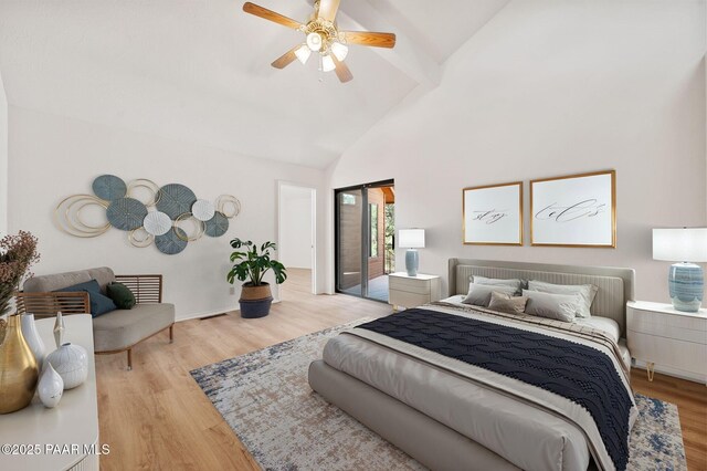 1893 Forest Vw, Prescott, AZ 86305 - bedroom featuring wood finished floors, beamed ceiling, high vaulted ceiling, and ceiling fan