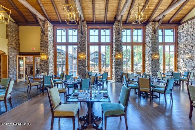 dining area featuring high vaulted ceiling, a notable chandelier, and wood ceiling