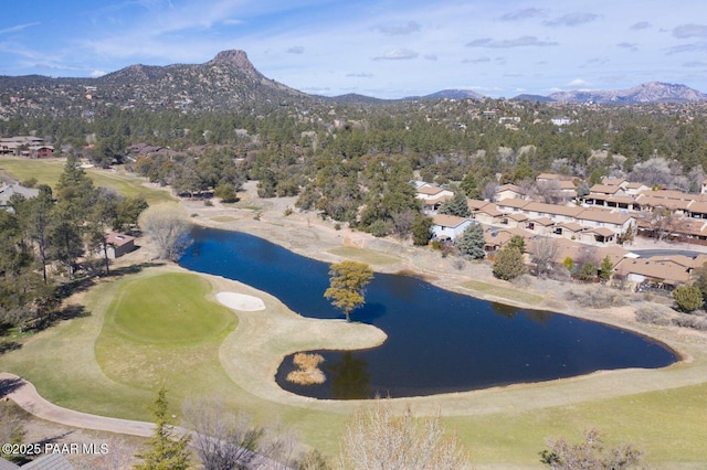 birds eye view of property featuring a residential view, golf course view, and a water and mountain view
