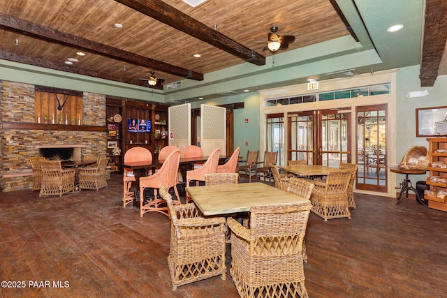 7420 E Reins Ct, Prescott Valley, AZ 86314 - dining area featuring a ceiling fan, wood finished floors, french doors, and a wood ceiling with exposed beams