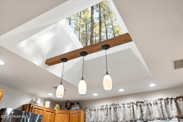 room details with beam ceiling and pendant lighting