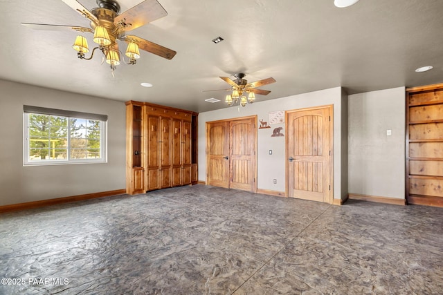 unfurnished bedroom featuring recessed lighting, baseboards, two closets, and a ceiling fan