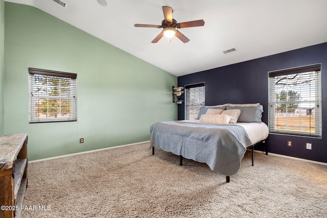 bedroom with visible vents, multiple windows, baseboards, and carpet flooring