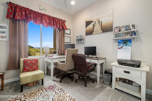 carpeted home office with baseboards and recessed lighting