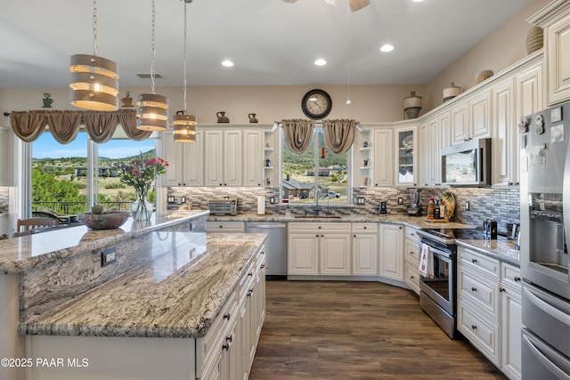 kitchen with dark wood finished floors, open shelves, appliances with stainless steel finishes, a kitchen island, and a sink