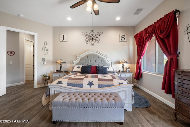 bedroom with baseboards, visible vents, wood finished floors, and recessed lighting