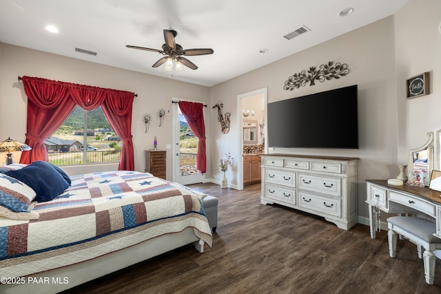 bedroom with baseboards, access to outside, visible vents, and dark wood-style flooring