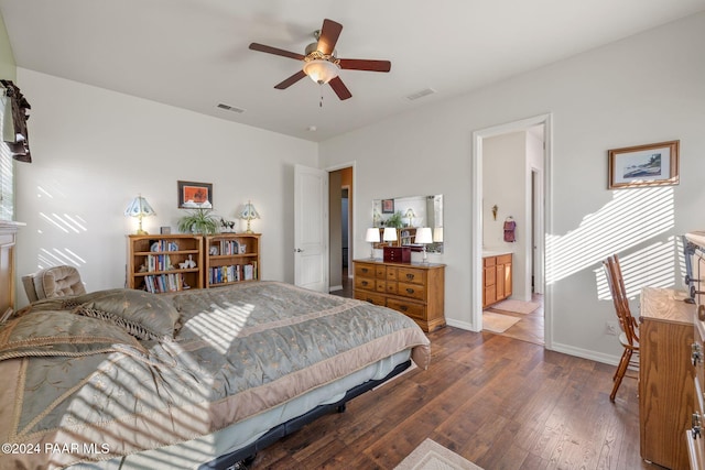bedroom with visible vents, baseboards, a ceiling fan, and dark wood-style flooring