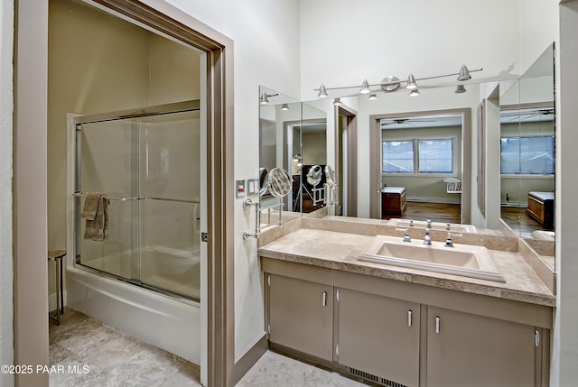 2009 Rocky Dells Dr, Prescott, AZ 86303 - full bathroom with shower / bath combination with glass door, vanity, and ceiling fan