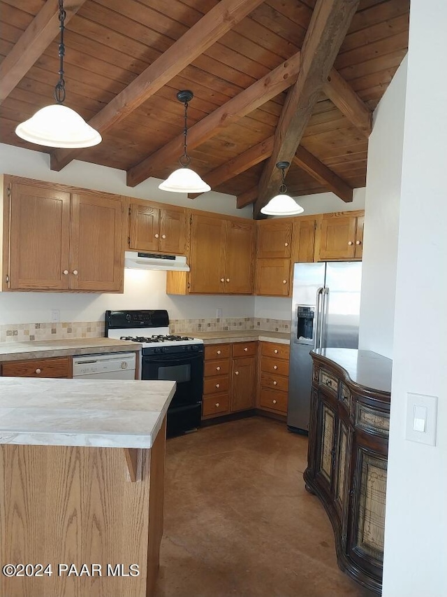 kitchen with white appliances, decorative light fixtures, and wooden ceiling