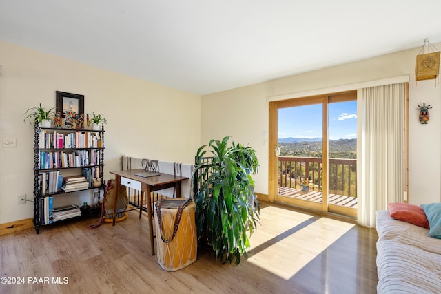 office featuring hardwood / wood-style flooring and a mountain view