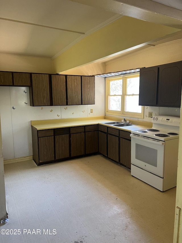 4860 Diamond Dr, Prescott, AZ 86301 - kitchen with white electric stove, a sink, light floors, light countertops, and crown molding