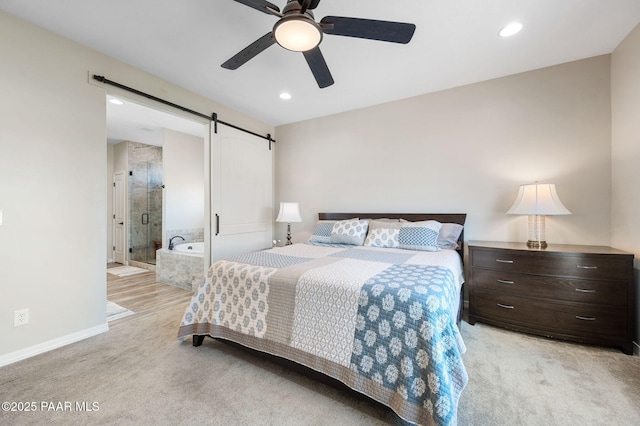 12612 E E Side Saddle Ln, Prescott Valley, AZ 86315 - bedroom featuring a barn door, light carpet, recessed lighting, and ceiling fan