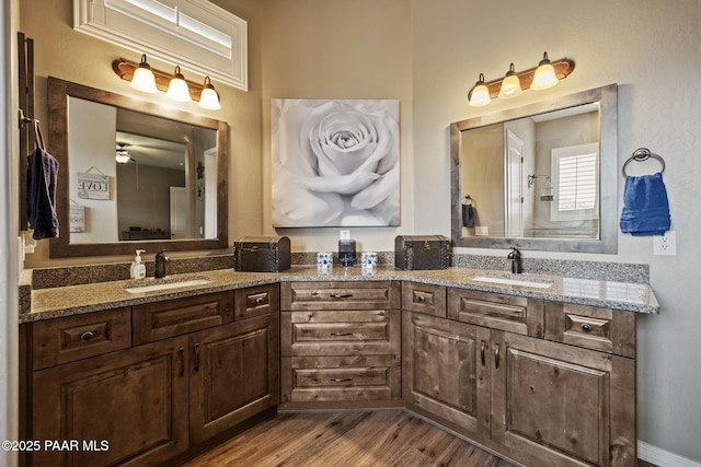 bathroom featuring wood finished floors and double vanity