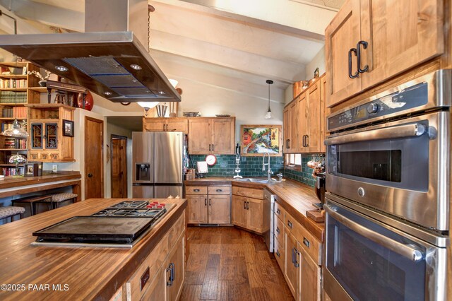 kitchen with tasteful backsplash, butcher block counters, appliances with stainless steel finishes, a sink, and ventilation hood