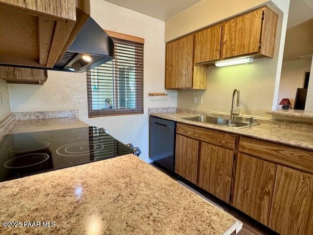 3169 Dome Rock Pl Unit 12A, Prescott, AZ 86301 - kitchen with a sink, dishwasher, ventilation hood, light countertops, and brown cabinetry