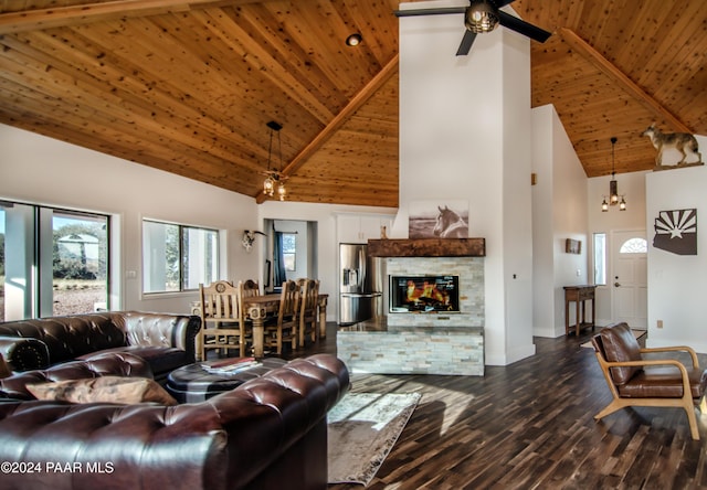 living room featuring high vaulted ceiling, a fireplace, beamed ceiling, dark hardwood / wood-style flooring, and wood ceiling