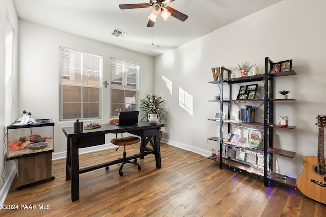 office featuring ceiling fan and dark wood-type flooring