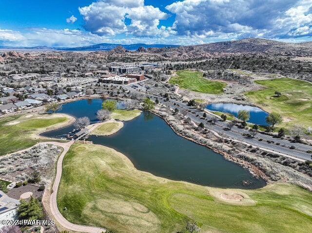 drone / aerial view with a water and mountain view