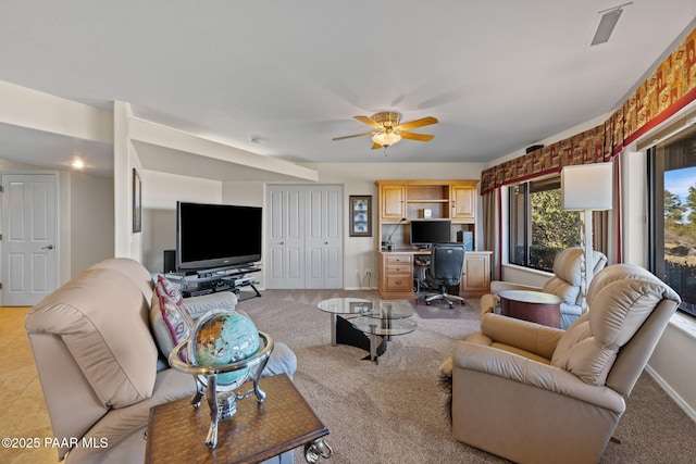 2751 Boone Ct, Prescott, AZ 86305 - living room with a desk, light carpet, a ceiling fan, and baseboards