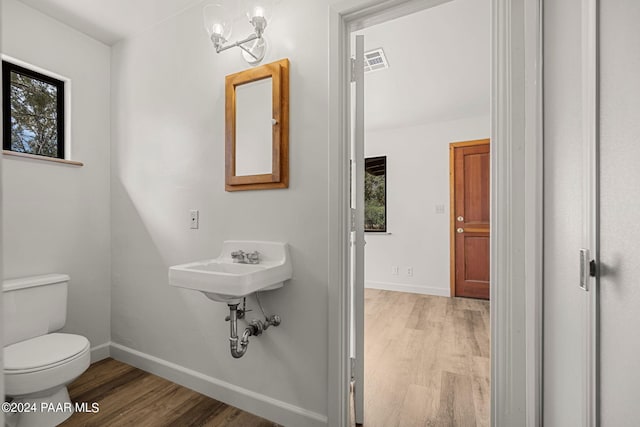 bathroom featuring wood-type flooring, toilet, and sink