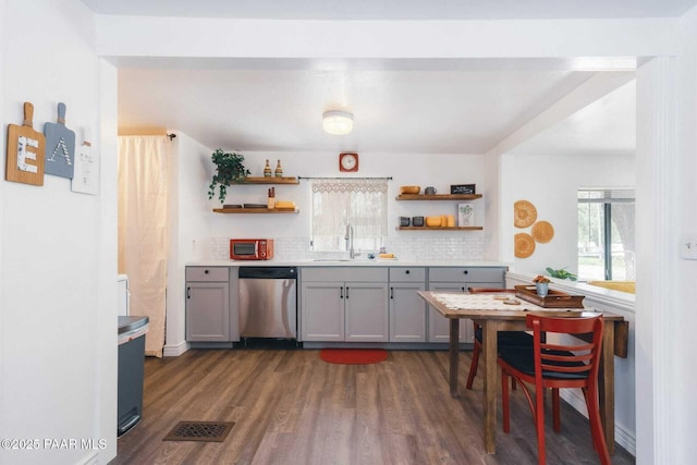 kitchen with open shelves, dishwasher, and gray cabinetry