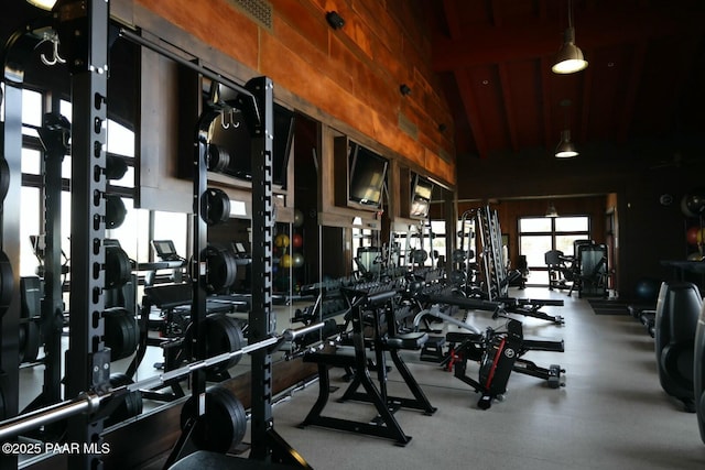 exercise room featuring high vaulted ceiling and wood walls