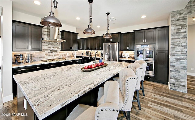 kitchen with tasteful backsplash, exhaust hood, a spacious island, and stainless steel appliances