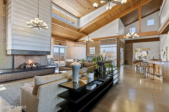 living room featuring concrete floors, an inviting chandelier, and wood ceiling