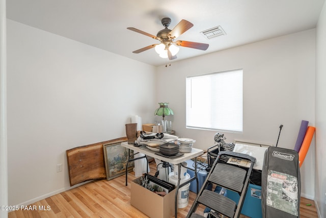 office area featuring visible vents, ceiling fan, and wood finished floors