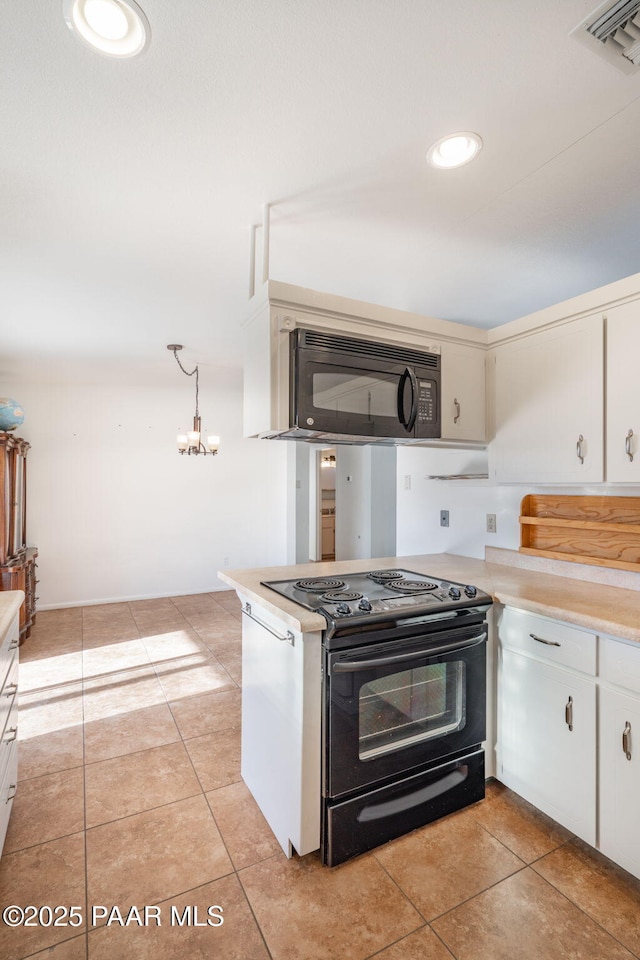 kitchen with visible vents, black appliances, recessed lighting, light countertops, and light tile patterned floors