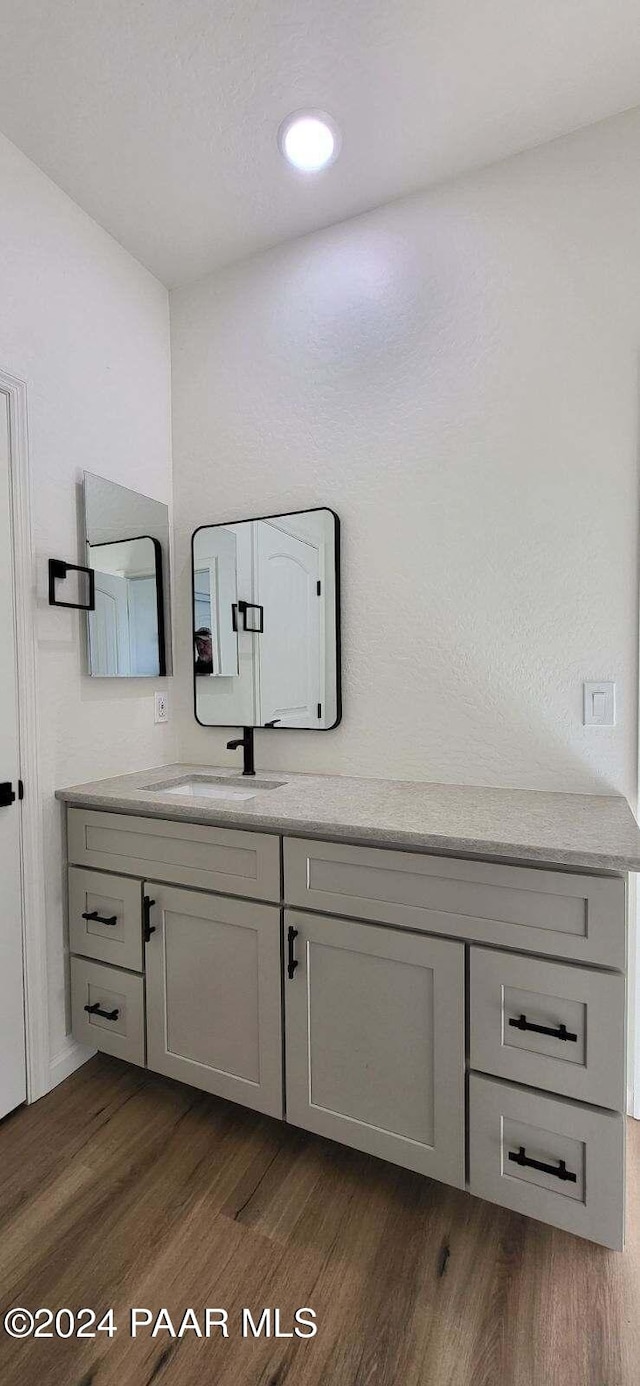 bathroom with vanity and wood-type flooring