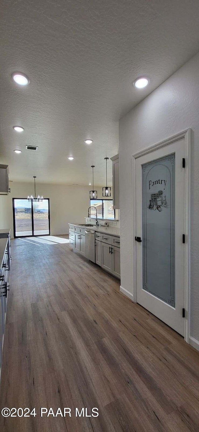 kitchen featuring stainless steel dishwasher, decorative light fixtures, dark hardwood / wood-style flooring, and a wealth of natural light