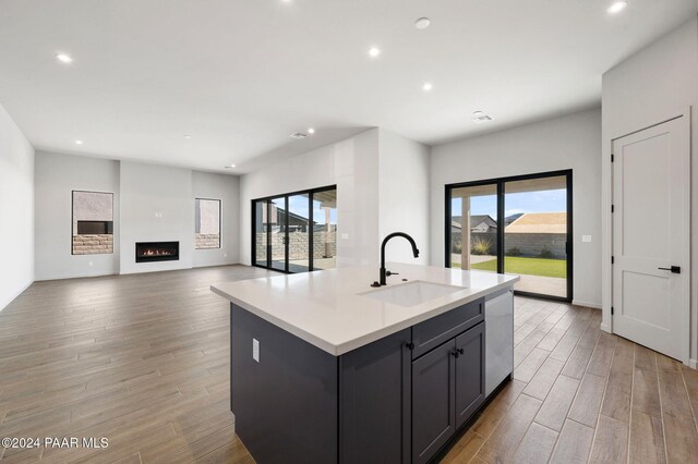 kitchen featuring a center island with sink, light hardwood / wood-style floors, sink, and a wealth of natural light