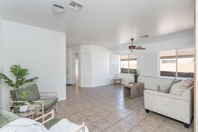 living room featuring ceiling fan