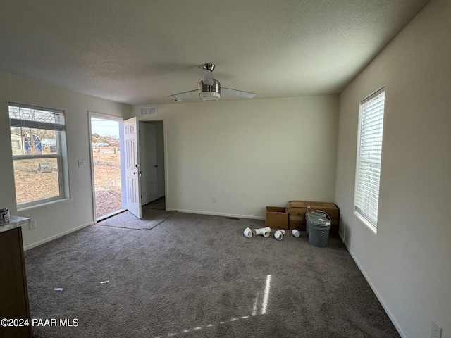 empty room featuring carpet flooring, a wealth of natural light, ceiling fan, and a textured ceiling