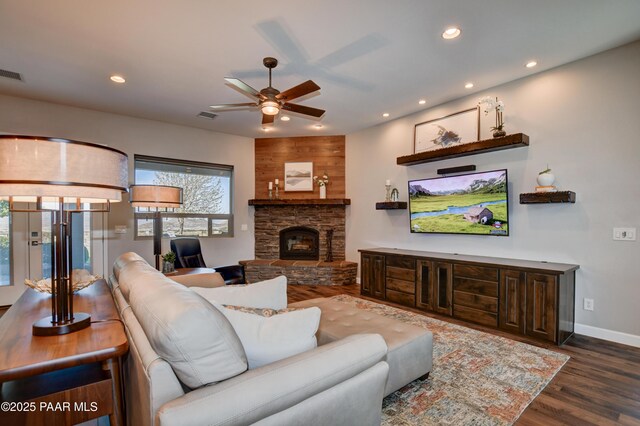 9150 N Whitney Way, Prescott Valley, AZ 86315 - living room featuring ceiling fan, recessed lighting, dark wood finished floors, baseboards, and a fireplace
