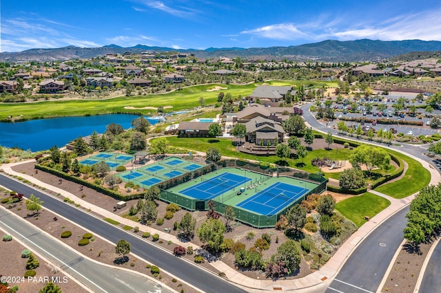 bird's eye view featuring a water and mountain view