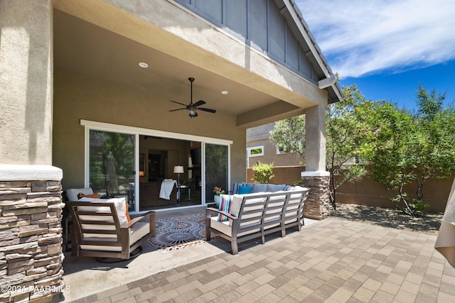 view of patio featuring ceiling fan and an outdoor hangout area