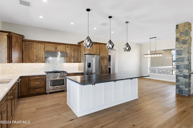 kitchen with hanging light fixtures, stainless steel appliances, tasteful backsplash, light hardwood / wood-style floors, and a kitchen island