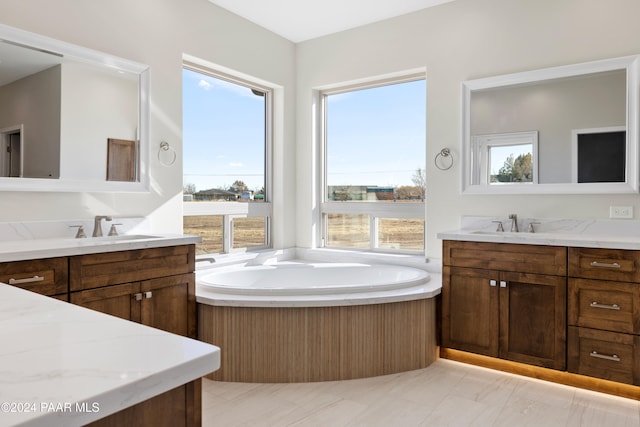 bathroom with a bathtub, vanity, and a healthy amount of sunlight