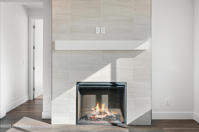 room details featuring hardwood / wood-style floors and a fireplace